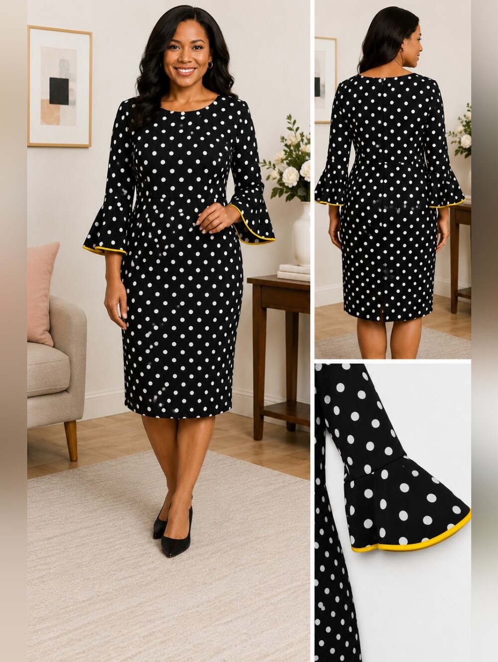 Shelby & Palmer Black White Polka Dot Dress Yellow Trim Bell Sleeves Size 12 EUC